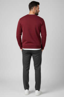 Üç İplik Bisiklet Yaka Erkek Sweatshirt Bordo - Erkek Sweatshirt