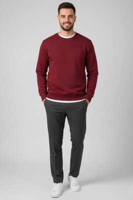 Üç İplik Bisiklet Yaka Erkek Sweatshirt Bordo - Erkek Sweatshirt