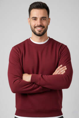 Üç İplik Bisiklet Yaka Erkek Sweatshirt Bordo - GÜRZA TEKSTİL