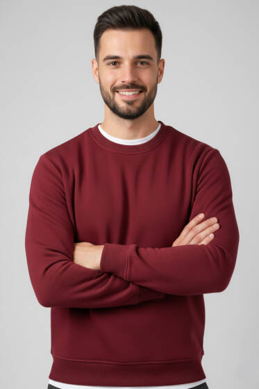 Üç İplik Bisiklet Yaka Erkek Sweatshirt Bordo - Erkek Sweatshirt