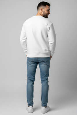 Üç İplik Bisiklet Yaka Erkek Sweatshirt Ekru - Erkek Sweatshirt