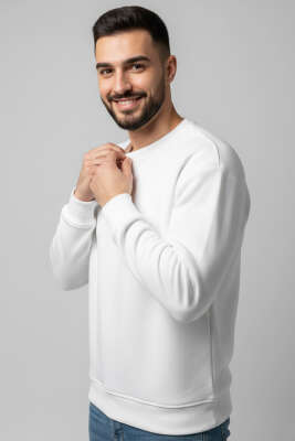 Üç İplik Bisiklet Yaka Erkek Sweatshirt Ekru - GÜRZA TEKSTİL