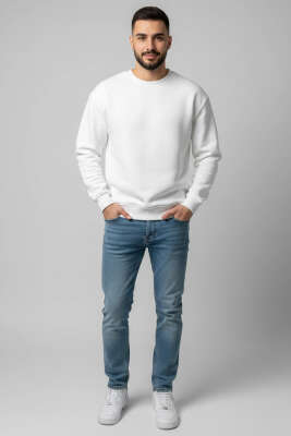 Üç İplik Bisiklet Yaka Erkek Sweatshirt Ekru - Erkek Sweatshirt