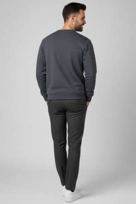 Üç İplik Bisiklet Yaka Erkek Sweatshirt Füme - Erkek Sweatshirt