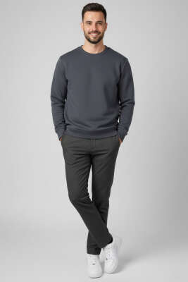 Üç İplik Bisiklet Yaka Erkek Sweatshirt Füme - Erkek Sweatshirt