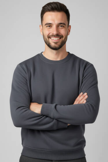 Üç İplik Bisiklet Yaka Erkek Sweatshirt Füme - Erkek Sweatshirt