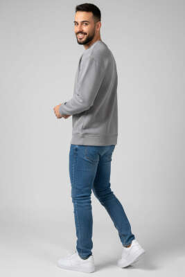 Üç İplik Bisiklet Yaka Erkek Sweatshirt Gri - Erkek Sweatshirt