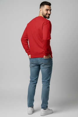 Üç İplik Bisiklet Yaka Erkek Sweatshirt Kırmızı - Erkek Sweatshirt