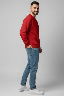 Üç İplik Bisiklet Yaka Erkek Sweatshirt Kırmızı - Erkek Sweatshirt