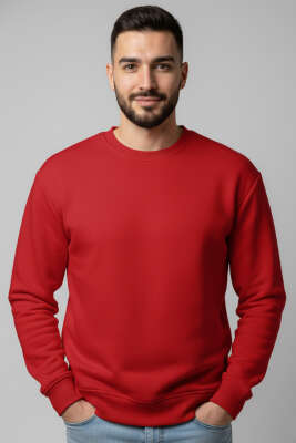 Üç İplik Bisiklet Yaka Erkek Sweatshirt Kırmızı - GÜRZA TEKSTİL