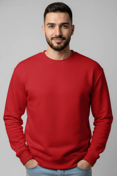 Üç İplik Bisiklet Yaka Erkek Sweatshirt Kırmızı - Erkek Sweatshirt
