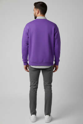 Üç İplik Bisiklet Yaka Erkek Sweatshirt Mor - Erkek Sweatshirt