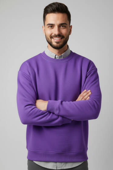 Üç İplik Bisiklet Yaka Erkek Sweatshirt Mor - Erkek Sweatshirt