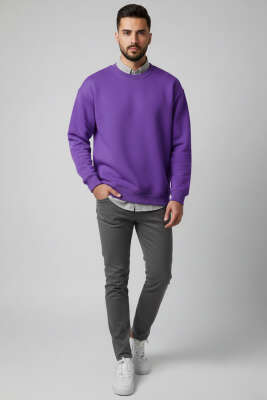 Üç İplik Bisiklet Yaka Erkek Sweatshirt Mor - Erkek Sweatshirt