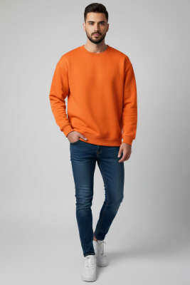 Üç İplik Bisiklet Yaka Erkek Sweatshirt Oranj - Erkek Sweatshirt