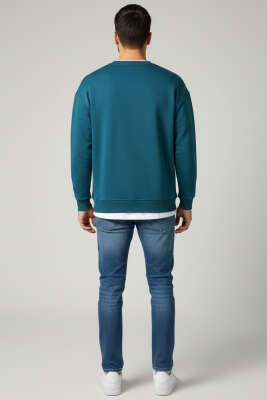 Üç İplik Bisiklet Yaka Erkek Sweatshirt Petrol - Erkek Sweatshirt