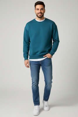 Üç İplik Bisiklet Yaka Erkek Sweatshirt Petrol - Erkek Sweatshirt