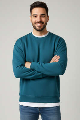 Üç İplik Bisiklet Yaka Erkek Sweatshirt Petrol - GÜRZA TEKSTİL