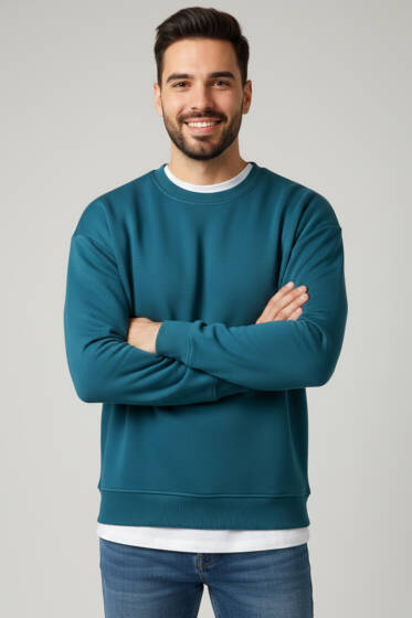 Üç İplik Bisiklet Yaka Erkek Sweatshirt Petrol - Erkek Sweatshirt