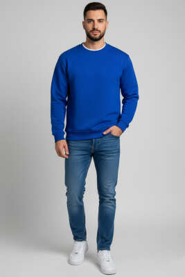 Üç İplik Bisiklet Yaka Erkek Sweatshirt Saks - Erkek Sweatshirt