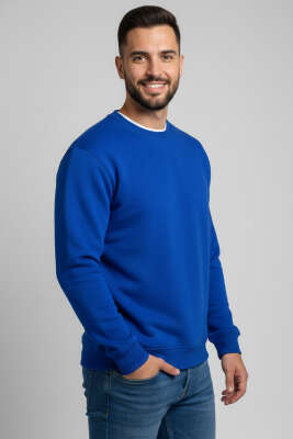 Üç İplik Bisiklet Yaka Erkek Sweatshirt Saks - GÜRZA TEKSTİL