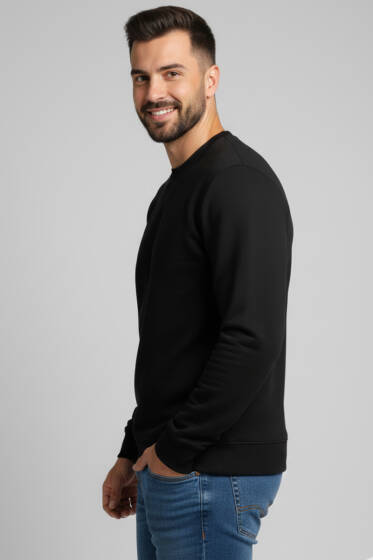 Üç İplik Bisiklet Yaka Erkek Sweatshirt Siyah - Erkek Sweatshirt