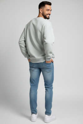 Üç İplik Bisiklet Yaka Erkek Sweatshirt Su Yeşili - Erkek Sweatshirt