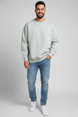 Üç İplik Bisiklet Yaka Erkek Sweatshirt Su Yeşili - Erkek Sweatshirt