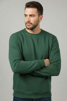 Üç İplik Bisiklet Yaka Erkek Sweatshirt Yeşil 