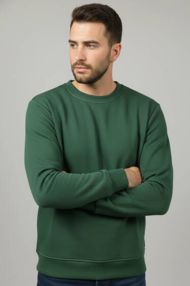 Üç İplik Bisiklet Yaka Erkek Sweatshirt Yeşil - Erkek Sweatshirt