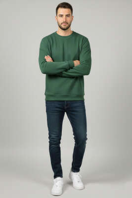 Üç İplik Bisiklet Yaka Erkek Sweatshirt Yeşil - Erkek Sweatshirt