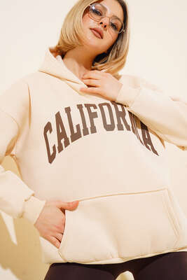 Üç İplik California Baskılı Sweatshirt Bej 