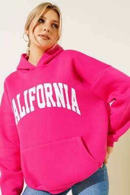 Üç İplik California Baskılı Sweatshirt Fuşya - Kadın Giyim Modelleri