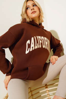 Üç İplik California Baskılı Sweatshirt Kahve 