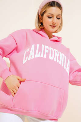 Üç İplik California Baskılı Sweatshirt Pembe - Kadın Giyim Modelleri