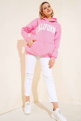 Üç İplik California Baskılı Sweatshirt Pembe - Kadın Giyim Modelleri