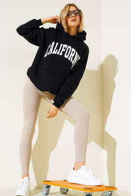 Üç İplik California Baskılı Sweatshirt Siyah - Kadın Giyim Modelleri