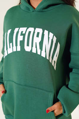 Üç İplik California Baskılı Sweatshirt Zümrüt Yeşili - Kadın Giyim Modelleri