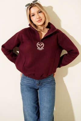Üç İplik Dik Yaka Sweatshirt Bordo - CALİENTE