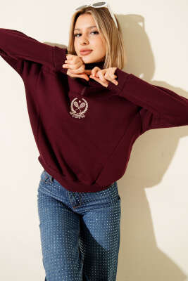 Üç İplik Dik Yaka Sweatshirt Bordo - Kadın Giyim Modelleri