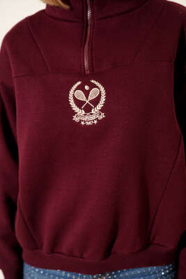 Üç İplik Dik Yaka Sweatshirt Bordo - Kadın Giyim Modelleri