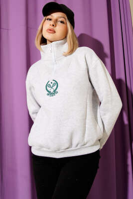 Üç İplik Dik Yaka Sweatshirt Gri - İndirimli Tesettür Bluz