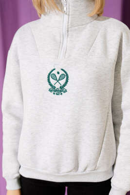 Üç İplik Dik Yaka Sweatshirt Gri - İndirimli Tesettür Bluz