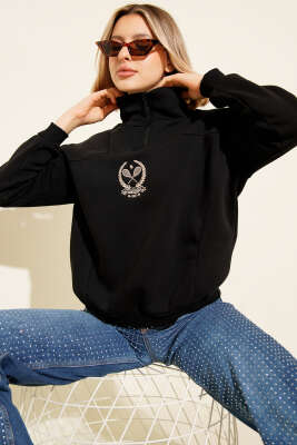 Üç İplik Dik Yaka Sweatshirt Siyah - İndirimli Tesettür Bluz