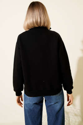 Üç İplik Dik Yaka Sweatshirt Siyah - İndirimli Tesettür Bluz
