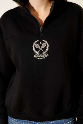 Üç İplik Dik Yaka Sweatshirt Siyah - İndirimli Tesettür Bluz