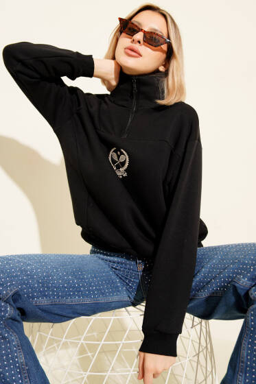 Üç İplik Dik Yaka Sweatshirt Siyah - Kadın Giyim Modelleri