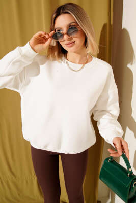 Üç İplik Düşük Kol Basic Sweatshirt Ekru - Kadın Giyim Modelleri