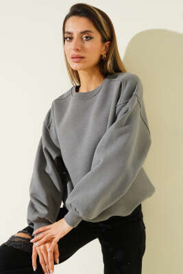 Üç İplik Düşük Kol Basic Sweatshirt Gri 