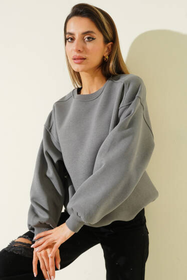 Üç İplik Düşük Kol Basic Sweatshirt Gri - Kadın Giyim Modelleri